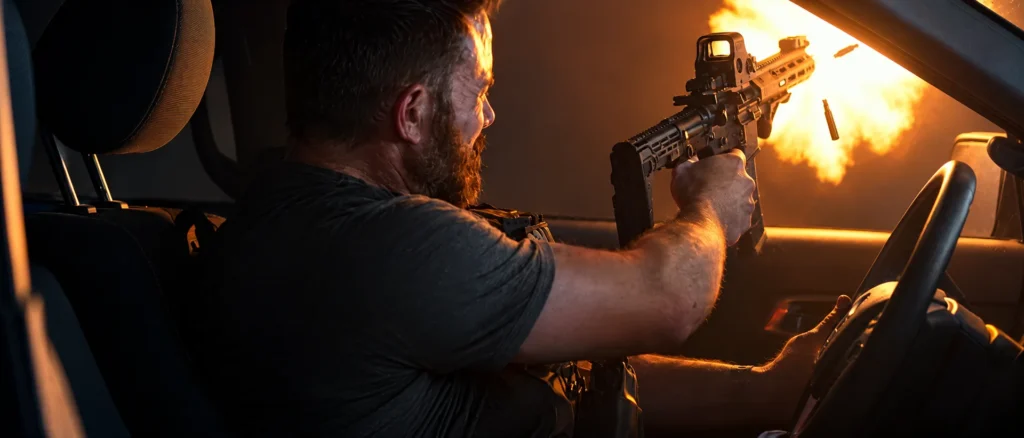 J.D. Byrne firing his custom AR-15 carbine with an EOTech sight from a car in The Rip
