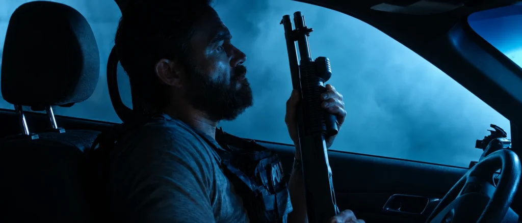 J.D. Byrne holding a Remington 870 pump shotgun during the car chase in The Rip
