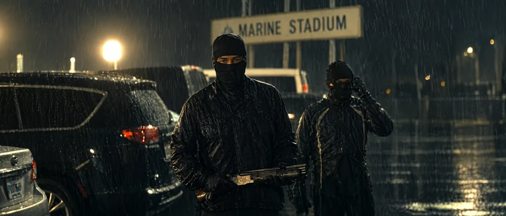 Masked gunmen with a sawed-off over-and-under shotgun at Miami Marine Stadium in The Rip