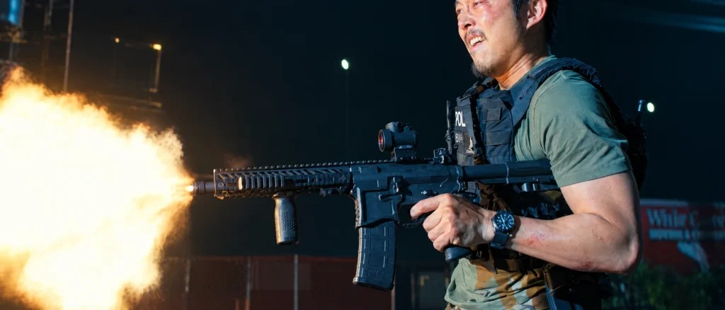 Detective Mike Ro firing his Seekins Precision AR-15 with a Trijicon MRO red dot in The Rip