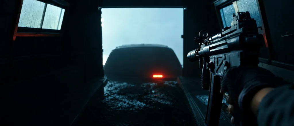 A suppressed HK MP5K held inside the MRAP during the chase in The Rip