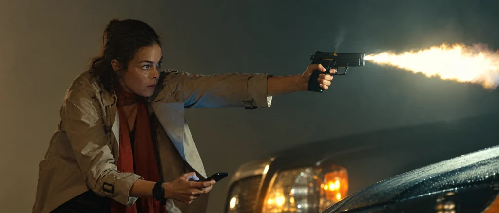 Captain Jackie Velez firing her SIG Sauer P228 at night in The Rip