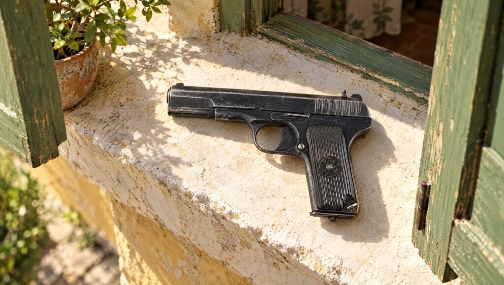 Soviet TT-33 Tokarev pistol on a sunlit whitewashed windowsill with green shutters