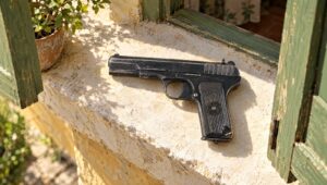 Soviet TT-33 Tokarev pistol on a sunlit whitewashed windowsill with green shutters