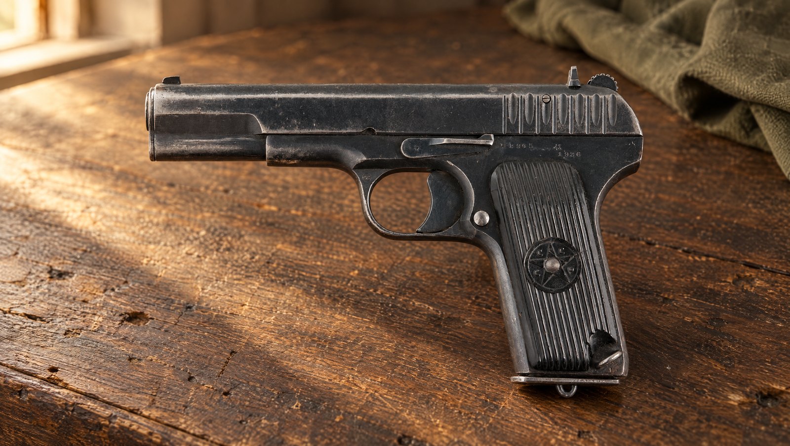 A 1936 Tula-made Soviet Tokarev TT-33 pistol lying on a weathered oak workbench in warm window light