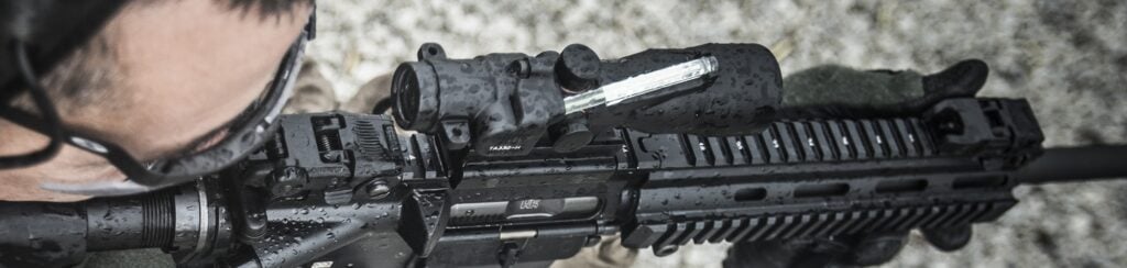 Trijicon ACOG 3x30 compact in the rain on an HK rifle