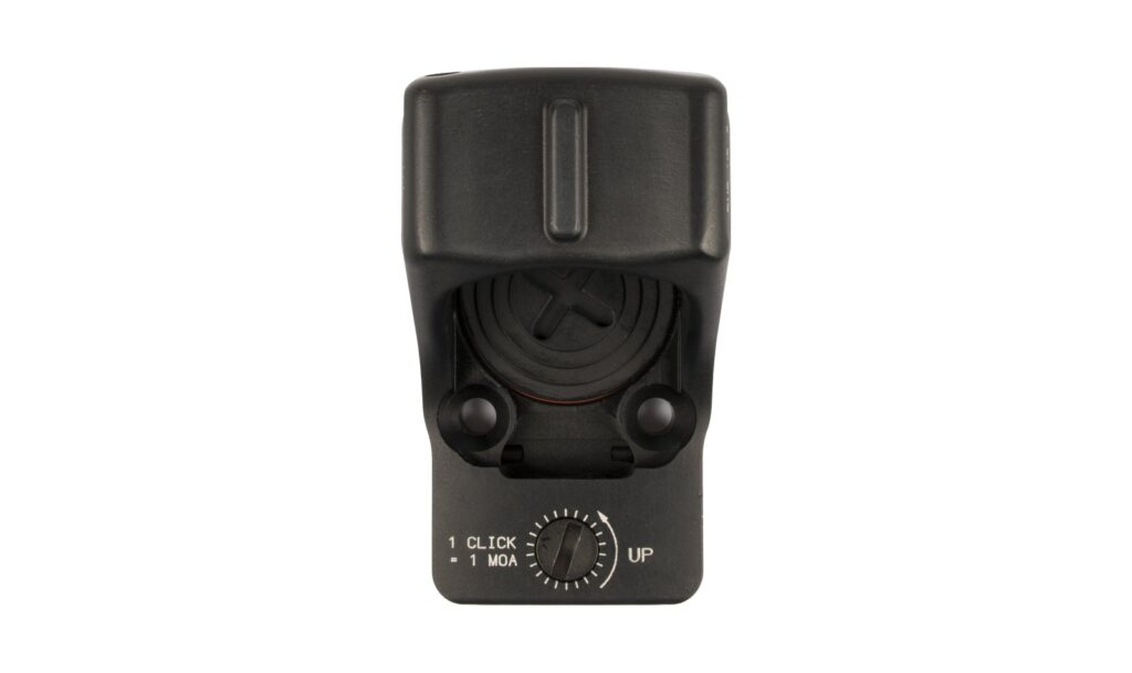 Top of a Trijicon RMR HD showing the top-loading battery door and elevation adjuster
