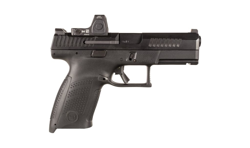 CZ P-10 pistol with a Trijicon RMRcc mounted on an adapter plate