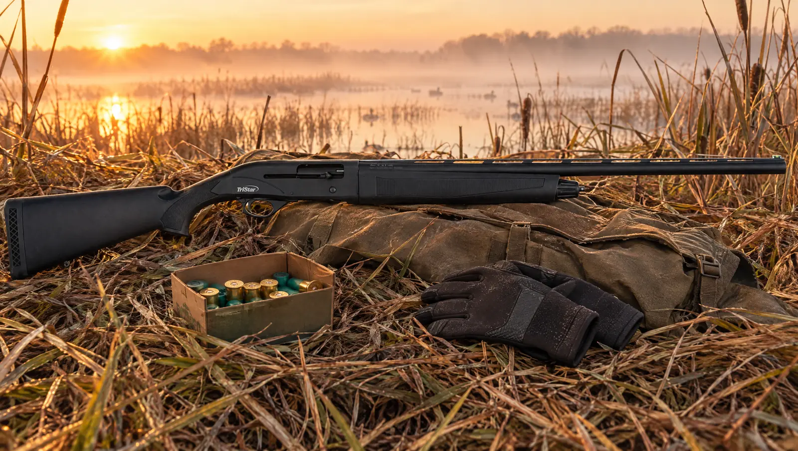 TriStar Viper G2 Synthetic 12 gauge semi-auto shotgun with black stock and TriStar logo on the receiver lying on a canvas blind bag at a duck marsh at sunrise beside a box of shotshells and gloves