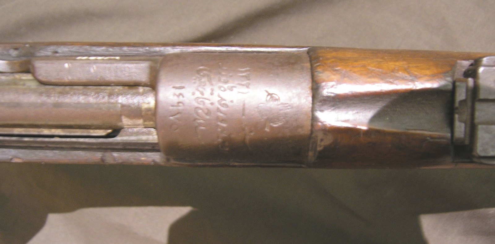 Receiver ring of a Turkish Mauser Model 1893 rifle in 7.65mm showing Ottoman Turkish script markings