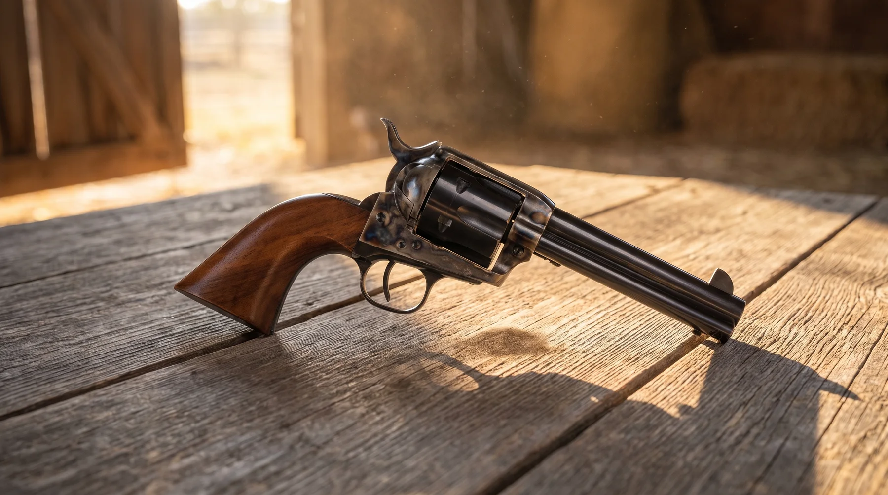 Uberti 1873 Cattleman single action revolver with a case-hardened frame lying on a barn-wood table in late sun