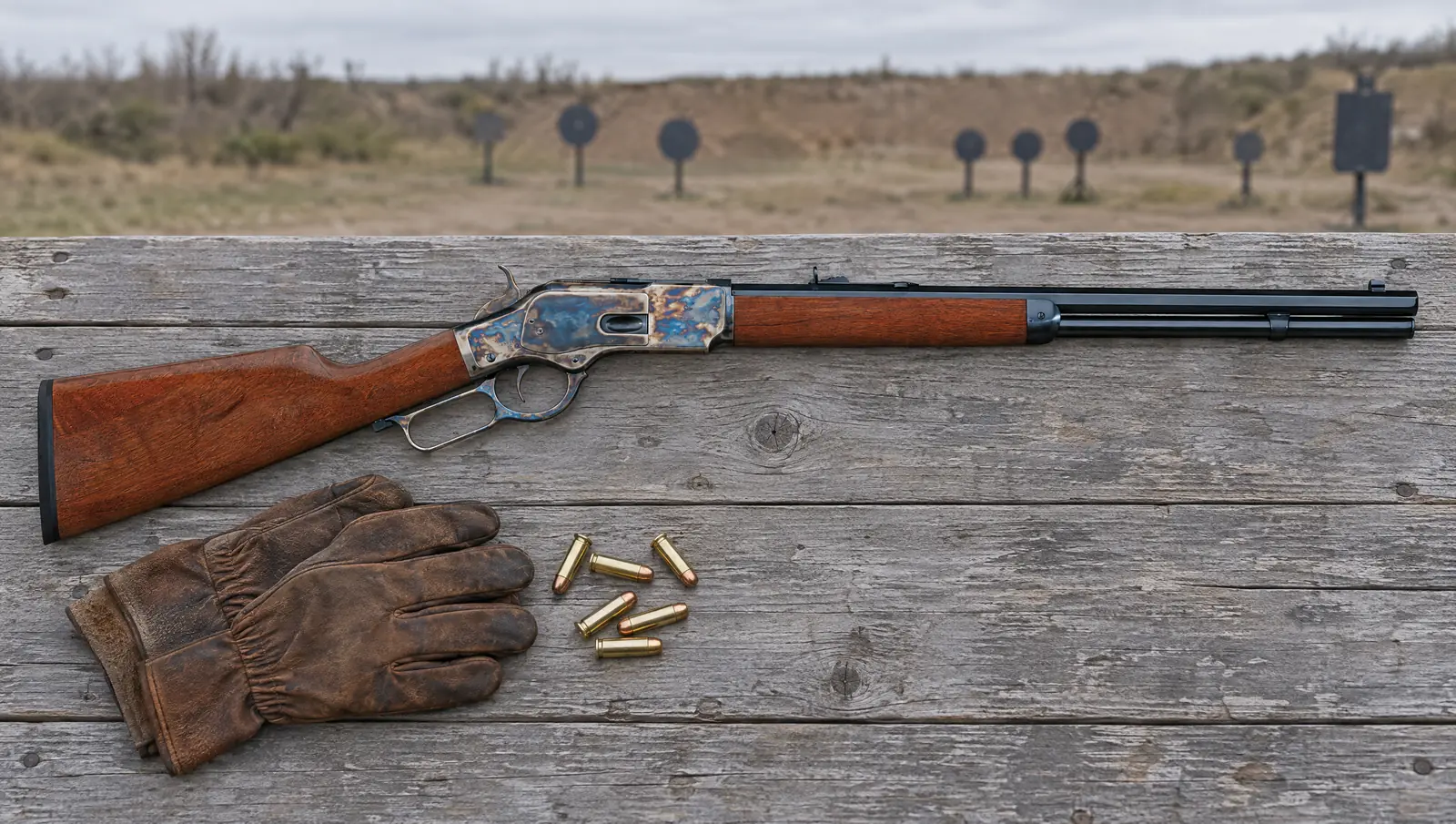 Uberti 1873 Competition Rifle in .357 Magnum with a case-hardened receiver and rubber buttpad lying on a wooden loading table at a cowboy action range
