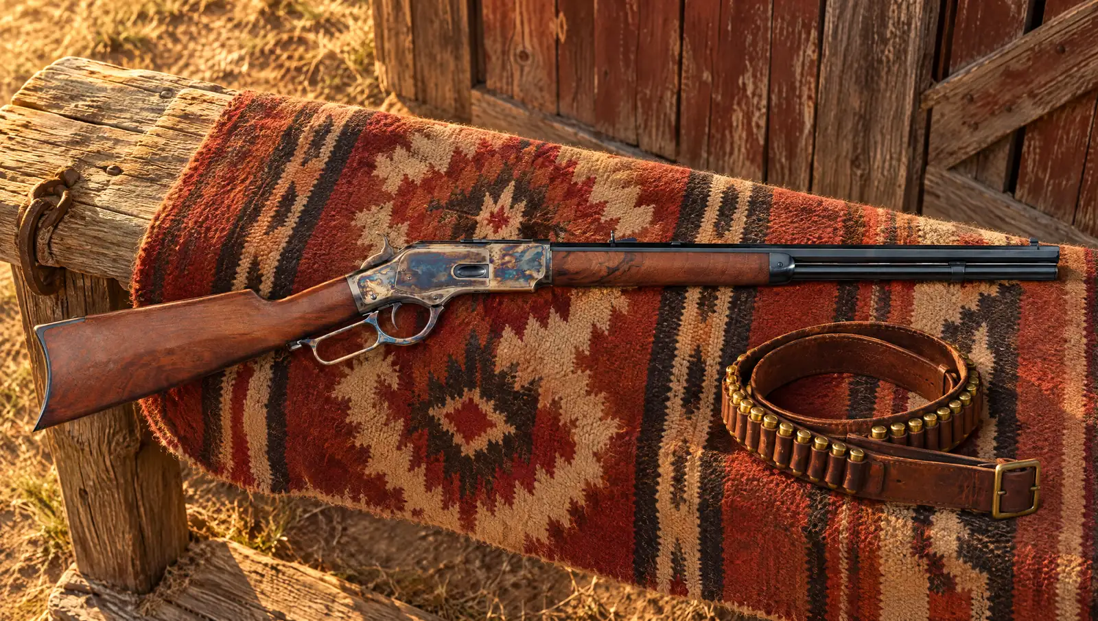 Uberti 1873 Short Rifle in .45 Colt with a case-hardened receiver, octagonal barrel and crescent buttplate lying on a Navajo-pattern saddle blanket beside a cartridge belt