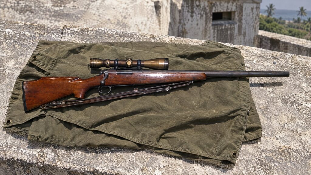 USMC M40 sniper rifle on an olive poncho on a blockhouse roof in midday sun