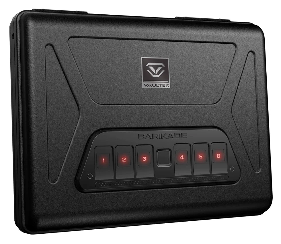 Vaultek Barikade Series 2 compact pistol safe showing the illuminated keypad and biometric scanner