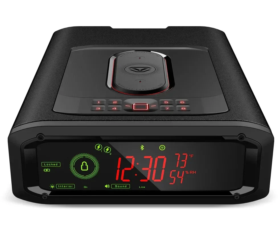 Vaultek ViSN DS5i Smart Station with dual wireless charging pads and an LED display showing time, temperature and humidity