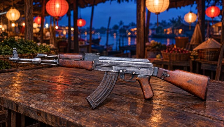 Vietnam War guns: an AK-47 rifle on a teak table in a Vietnamese market stall under paper lanterns