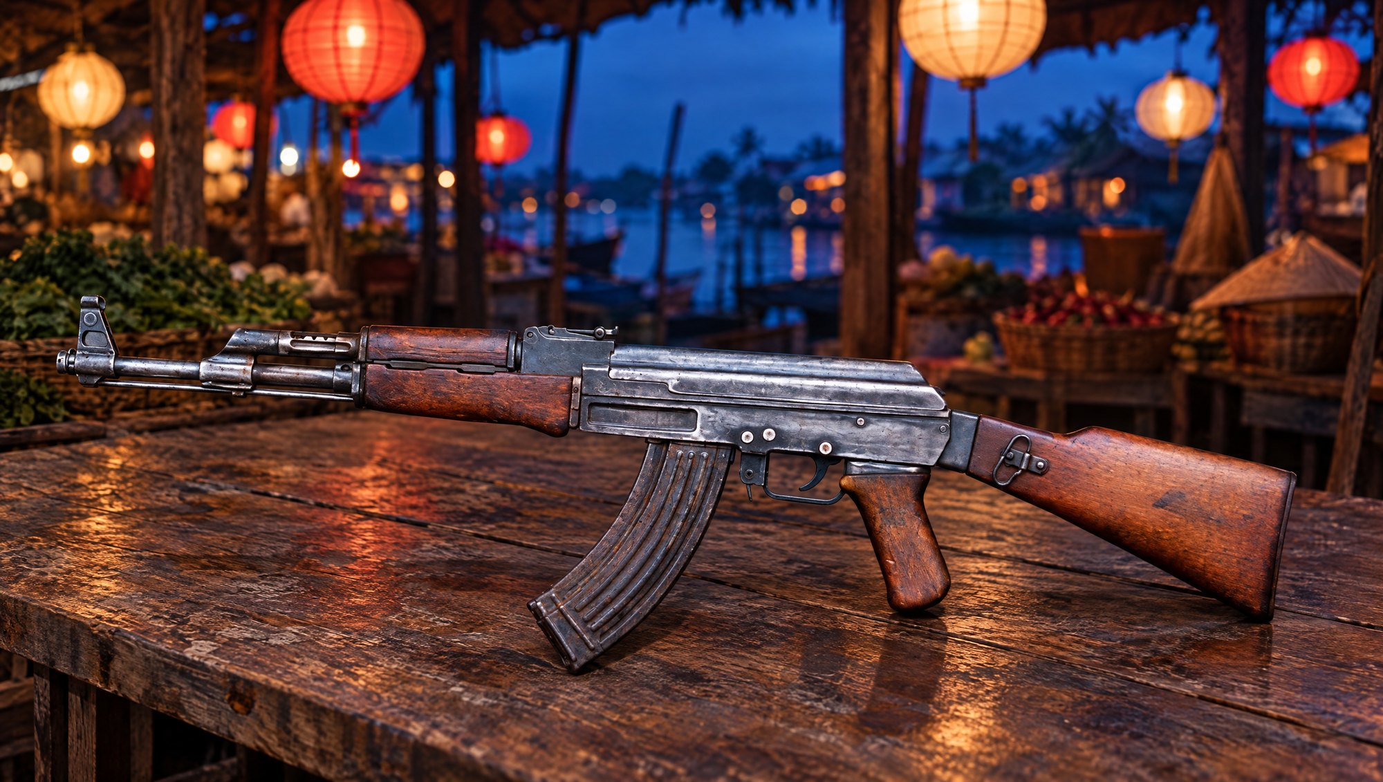 Vietnam War guns: an AK-47 rifle on a teak table in a Vietnamese market stall under paper lanterns