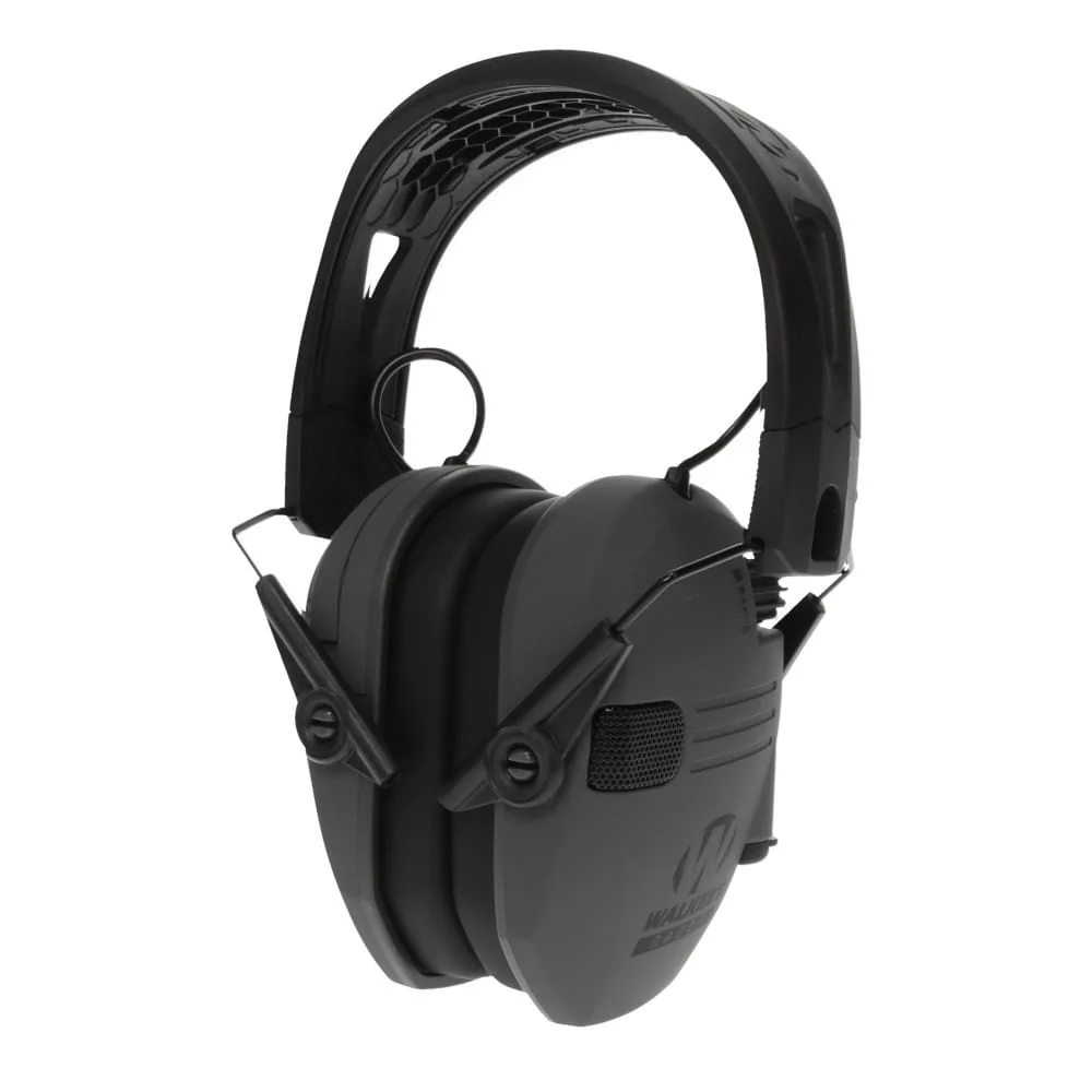 Walker's Razor slim electronic earmuff in black, showing the shallow cups that clear a rifle stock