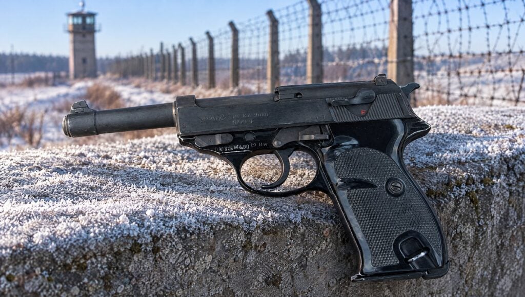 West German Walther P1 surplus pistol on a frosty concrete ledge by a Cold War border fence