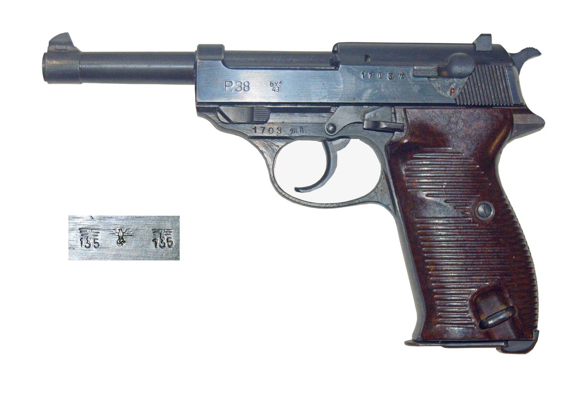 Mauser-made P38 marked byf 43, left side, with an inset close-up of its Waffenamt inspection stamps