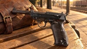Wartime Walther P38 pistol on a sunlit railway platform bench beside a leather satchel