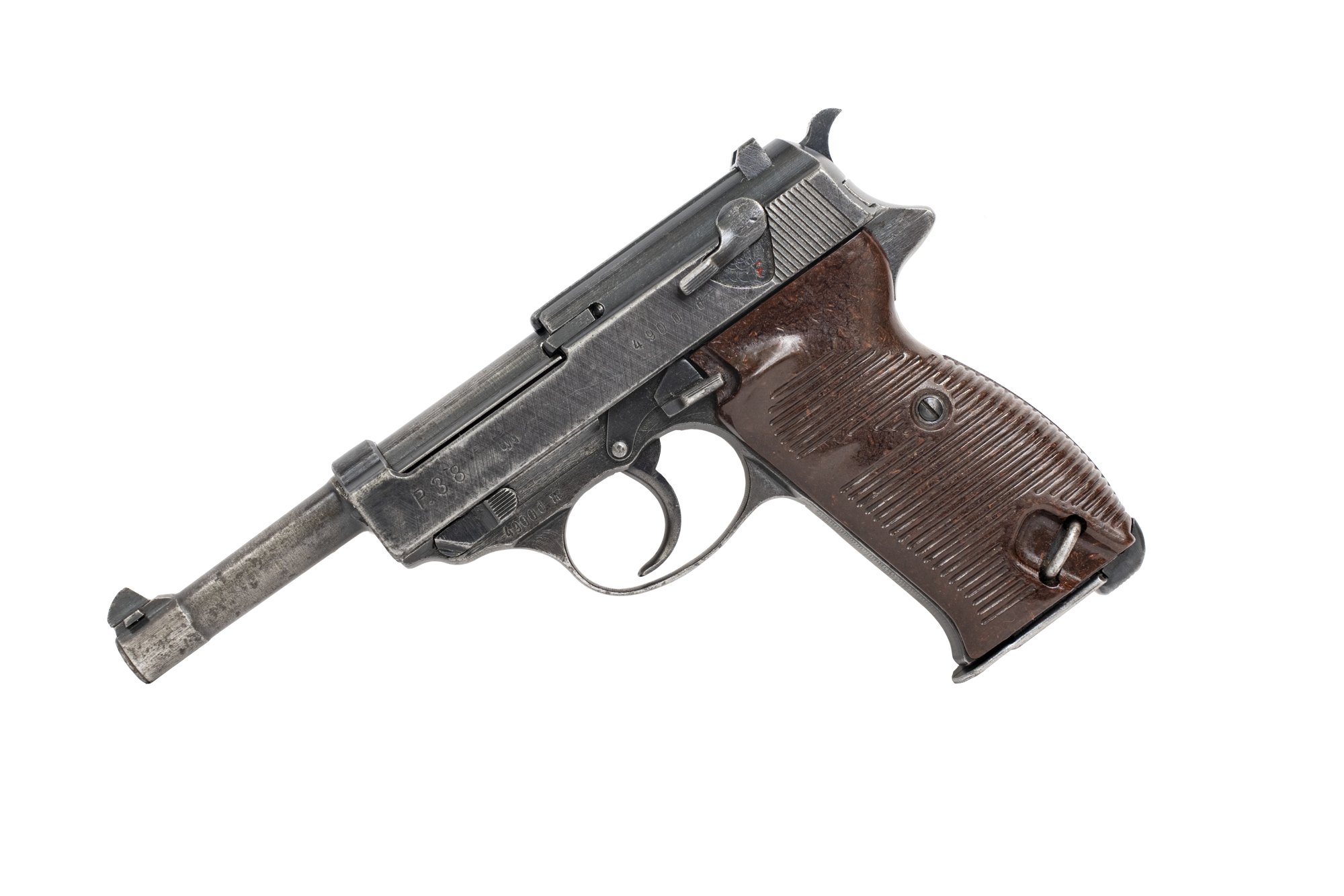 Wartime Walther P38 9mm pistol with worn gray finish and brown ribbed grips, shown at an angle on a white background