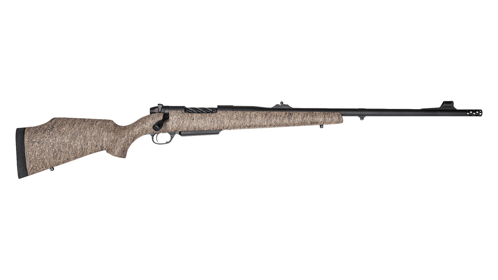 Weatherby Mark V Dangerous Game Rifle with tan webbed composite stock, iron sights and muzzle brake