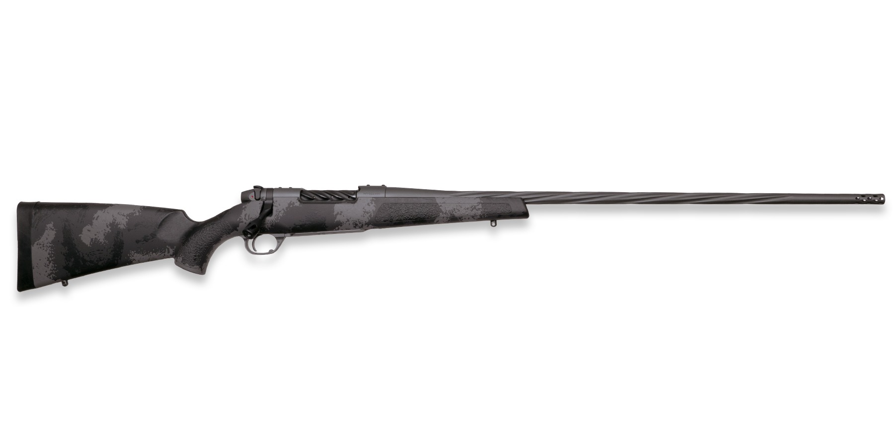 Weatherby Mark V Live Wild bolt-action rifle with carbon grey Cerakote spiral-fluted barrel, muzzle brake and hand-painted stock