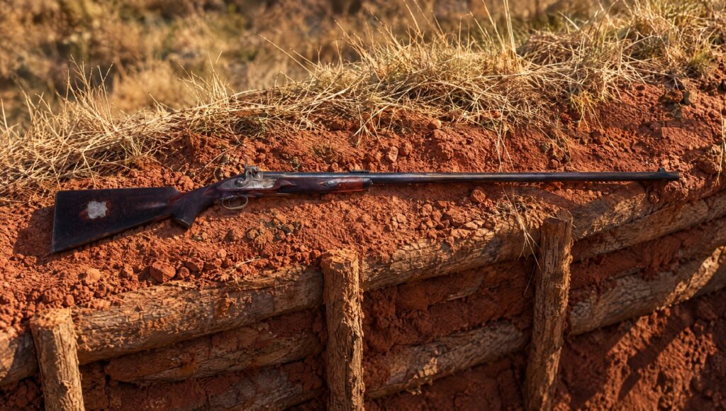Whitworth percussion rifle on a red clay trench parapet in late afternoon sun
