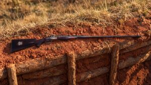 Whitworth percussion rifle on a red clay trench parapet in late afternoon sun