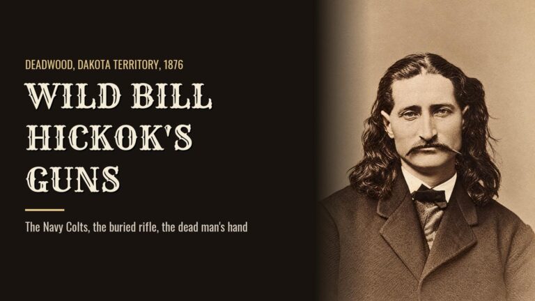 Restored portrait of Wild Bill Hickok with long hair and a mustache, beside the headline Wild Bill Hickok's Guns