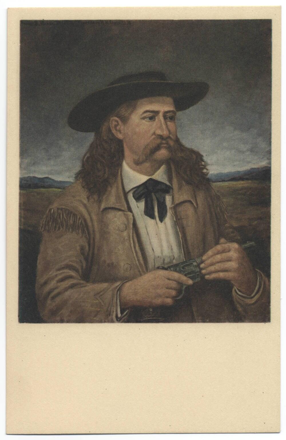 Hand-colored print of Wild Bill Hickok in buckskins holding a revolver