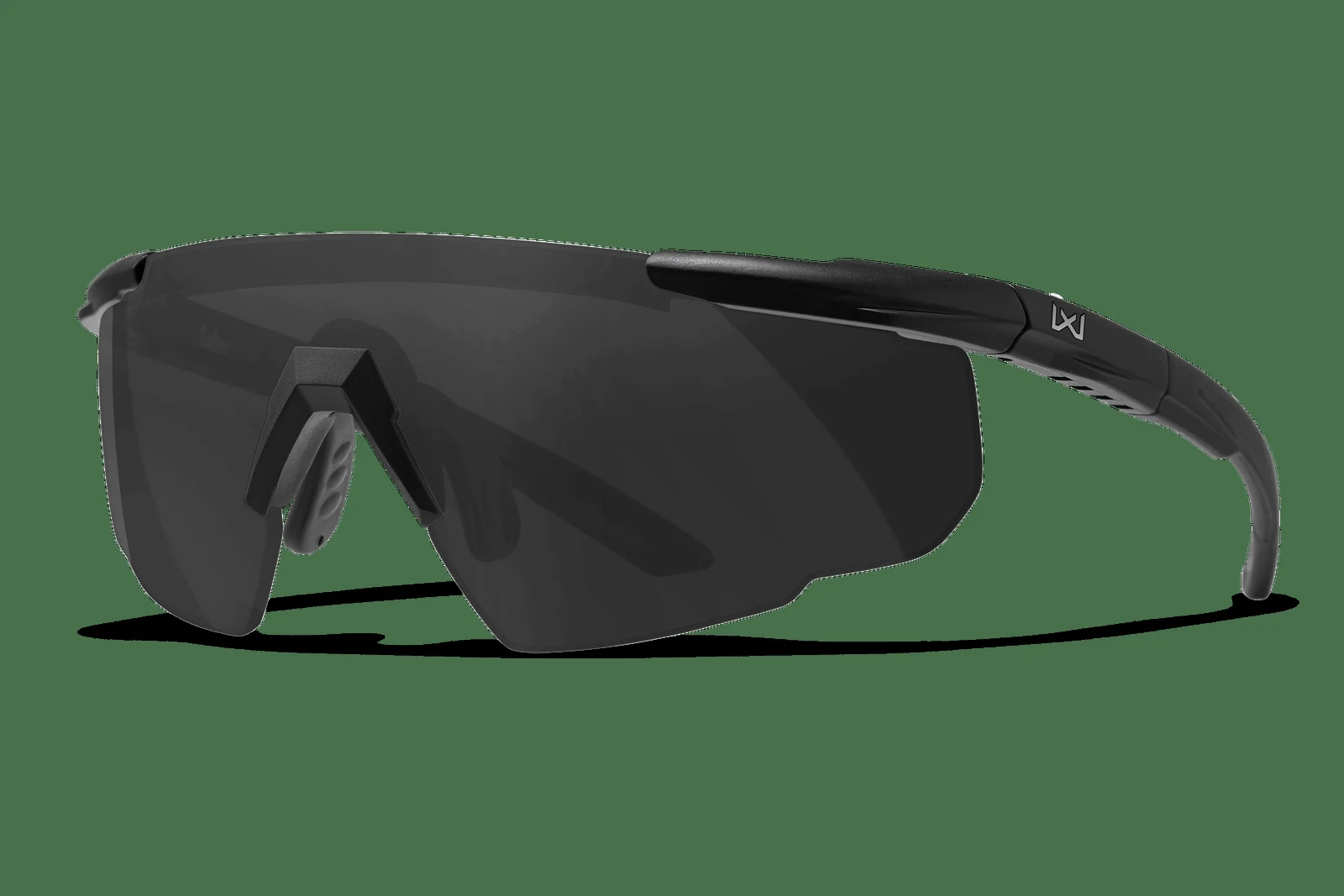 Wiley X Saber Advanced ballistic shooting glasses with a matte black frame and smoke gray lens