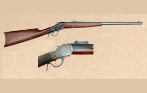 Winchester Model 1885 single-shot rifle with a view of its falling-block action