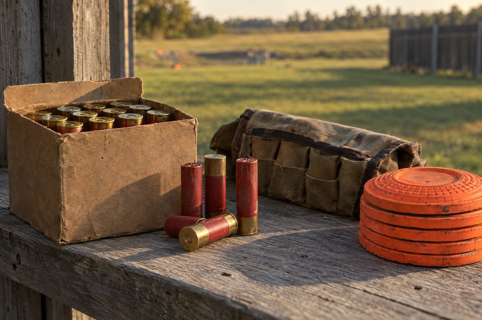 Box of red paper-hull 12 gauge shotshells, a canvas shell pouch and orange clay targets on a trap house ledge at sunset