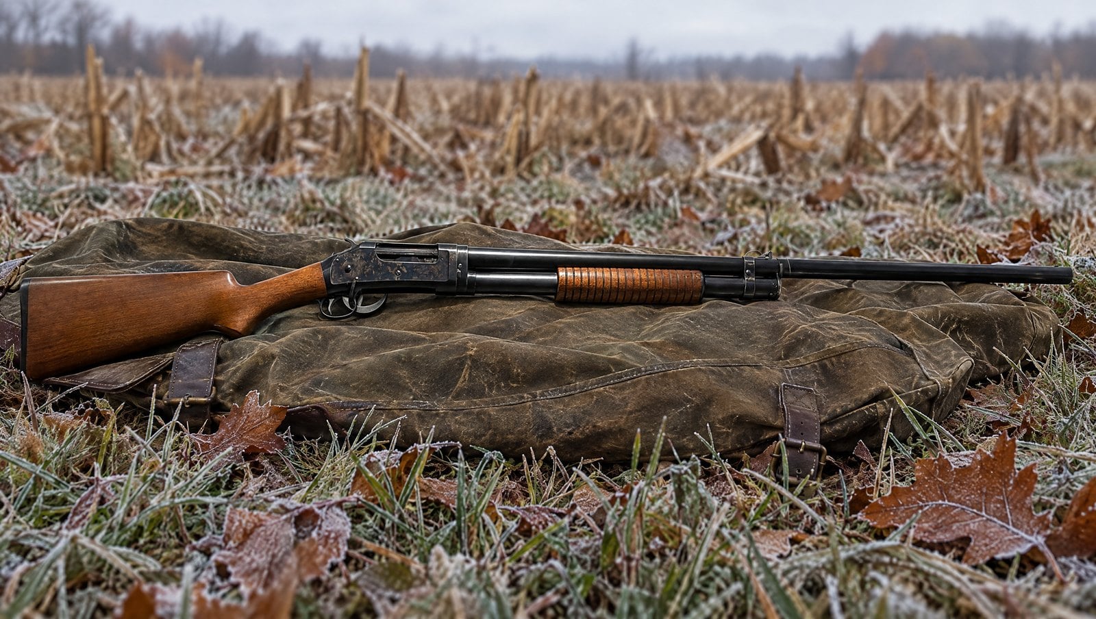 Winchester Model 1897 16 gauge pump shotgun with exposed hammer and grooved slide handle in an upland hunting scene