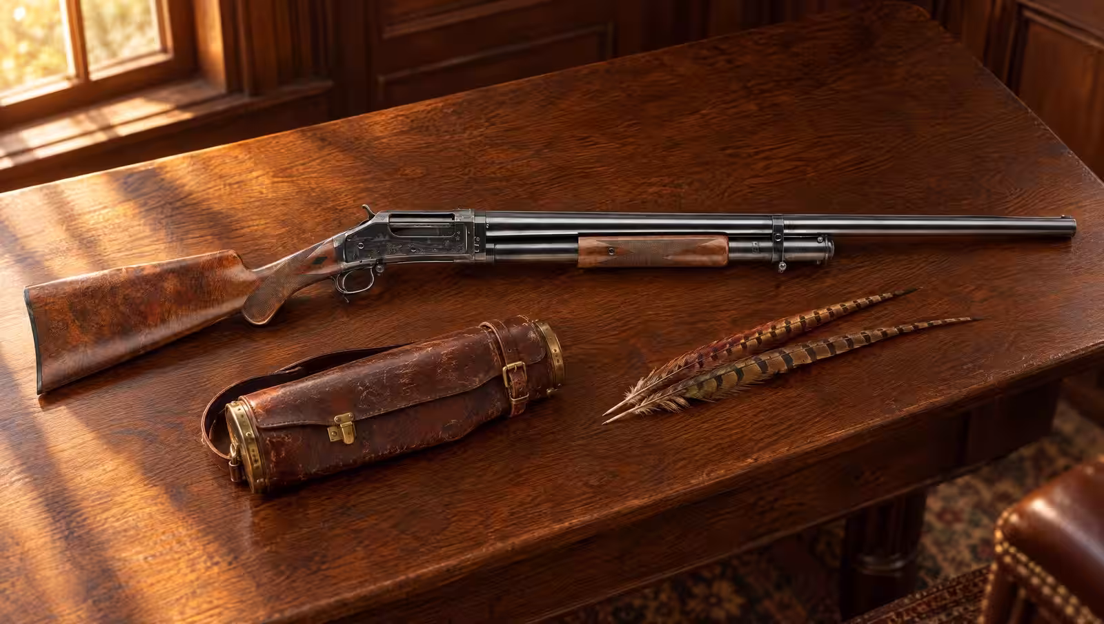Engraved Winchester Model 1897 Pigeon Grade pump shotgun with checkered walnut stock lying on a table in a gun room