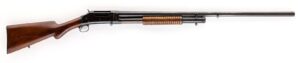 Winchester Model 1897 pump-action shotgun with exposed hammer, right side