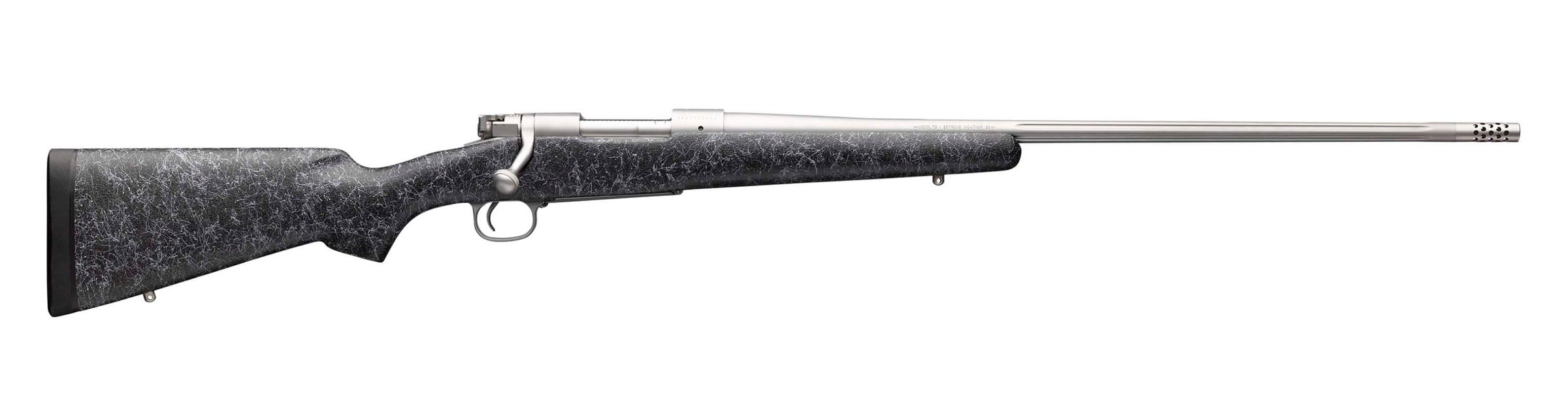 Winchester Model 70 Extreme Weather MB bolt-action rifle with stainless fluted barrel, muzzle brake and gray composite stock