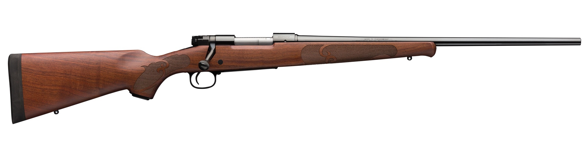 Winchester Model 70 Featherweight bolt-action rifle with satin walnut stock and Schnabel fore-end