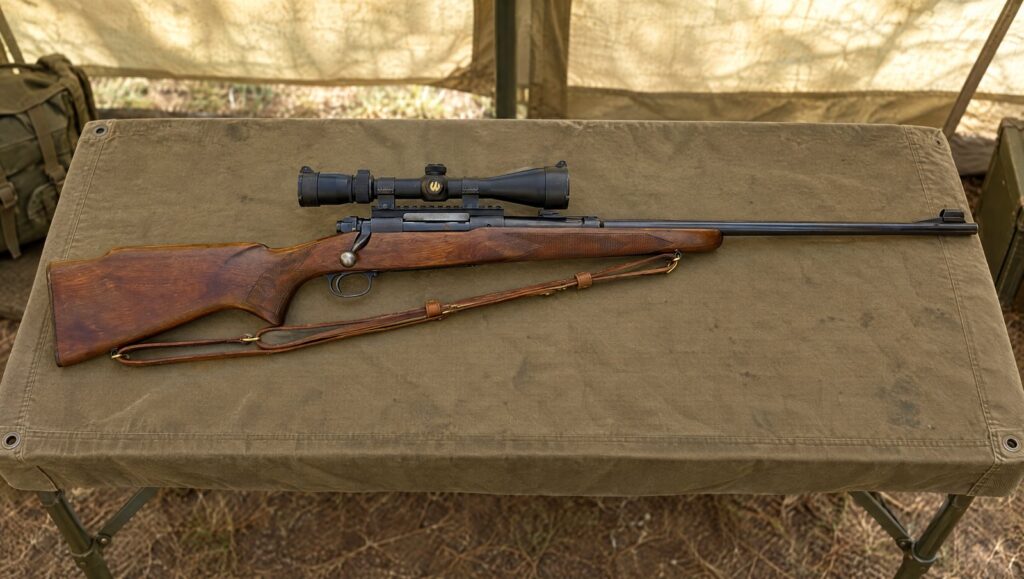 Winchester Model 70 rifle with a scope on a canvas table in a military training tent