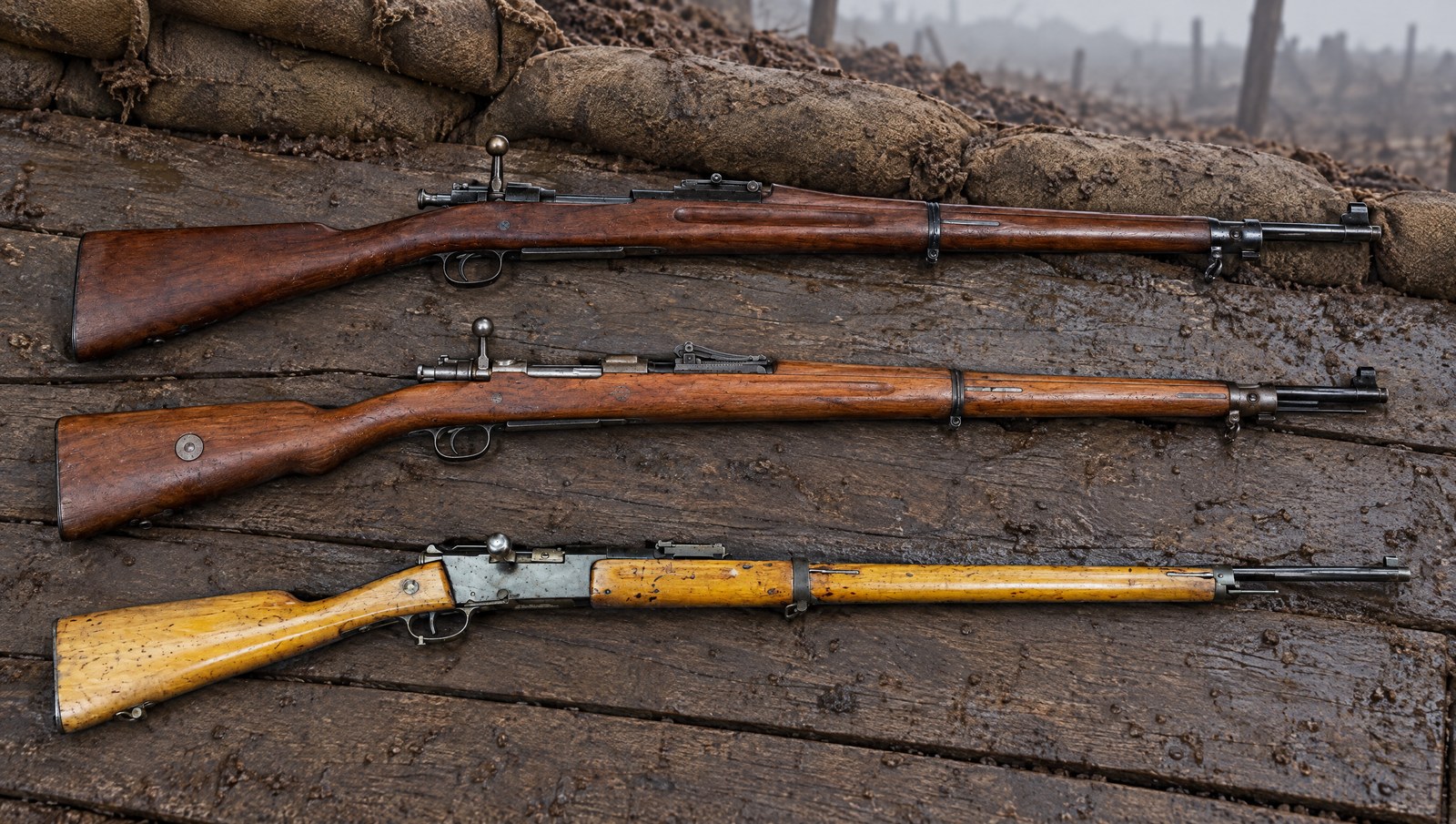 WW1 guns: an American M1903 Springfield, a German Gewehr 98 and a French Lebel rifle on wooden trench duckboards beside sandbags