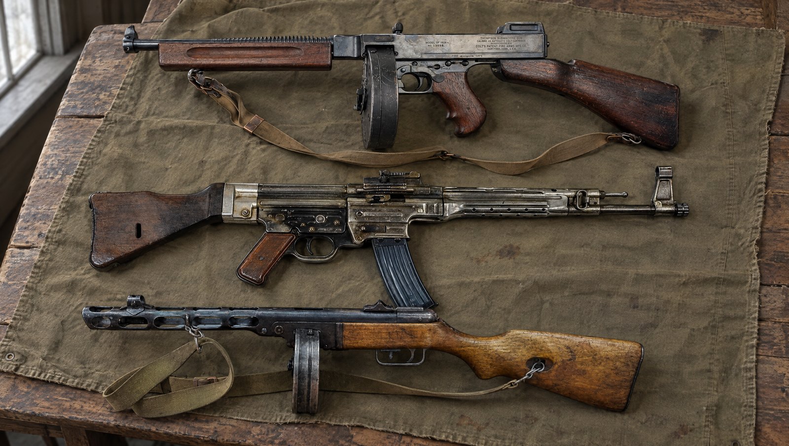 WW2 guns: a Thompson submachine gun, a German StG 44 and a Soviet PPSh-41 lying on an olive drab canvas shelter half