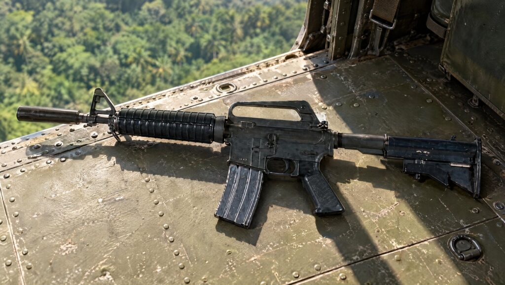 Colt XM177 carbine with a collapsible stock on the floor of a helicopter cabin over the jungle