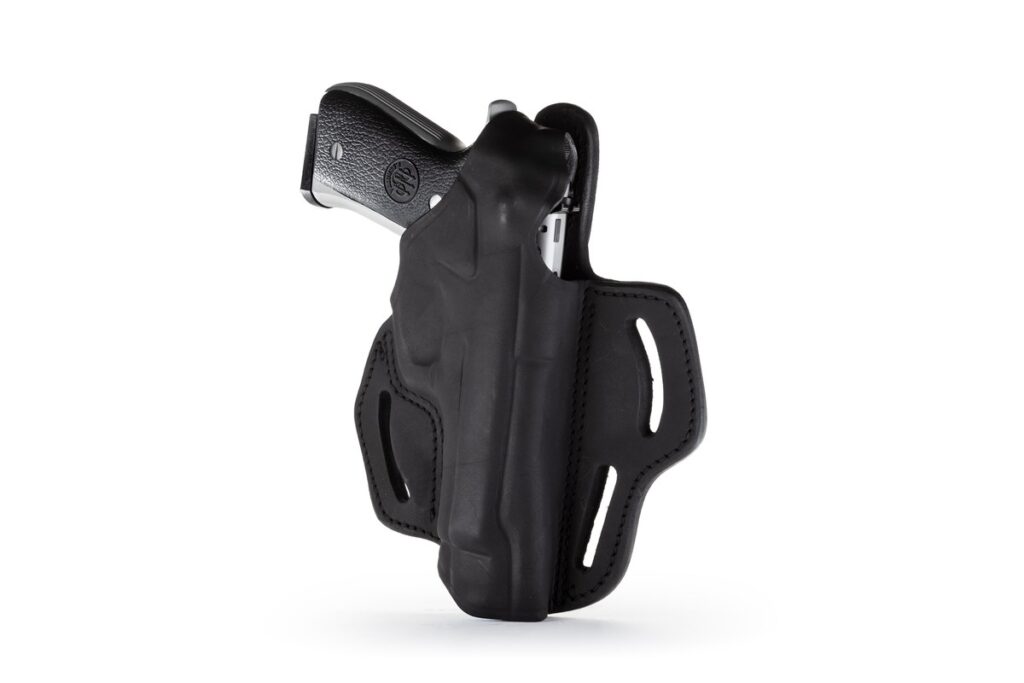 1791 Gunleather BHX thumb break leather belt holster holding a Beretta 92FS