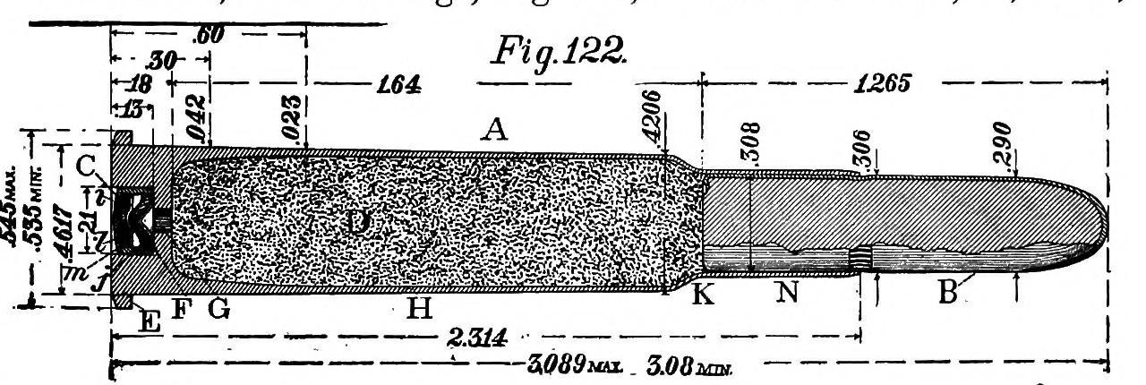 1898 US Army section drawing of the .30 caliber Krag ball cartridge