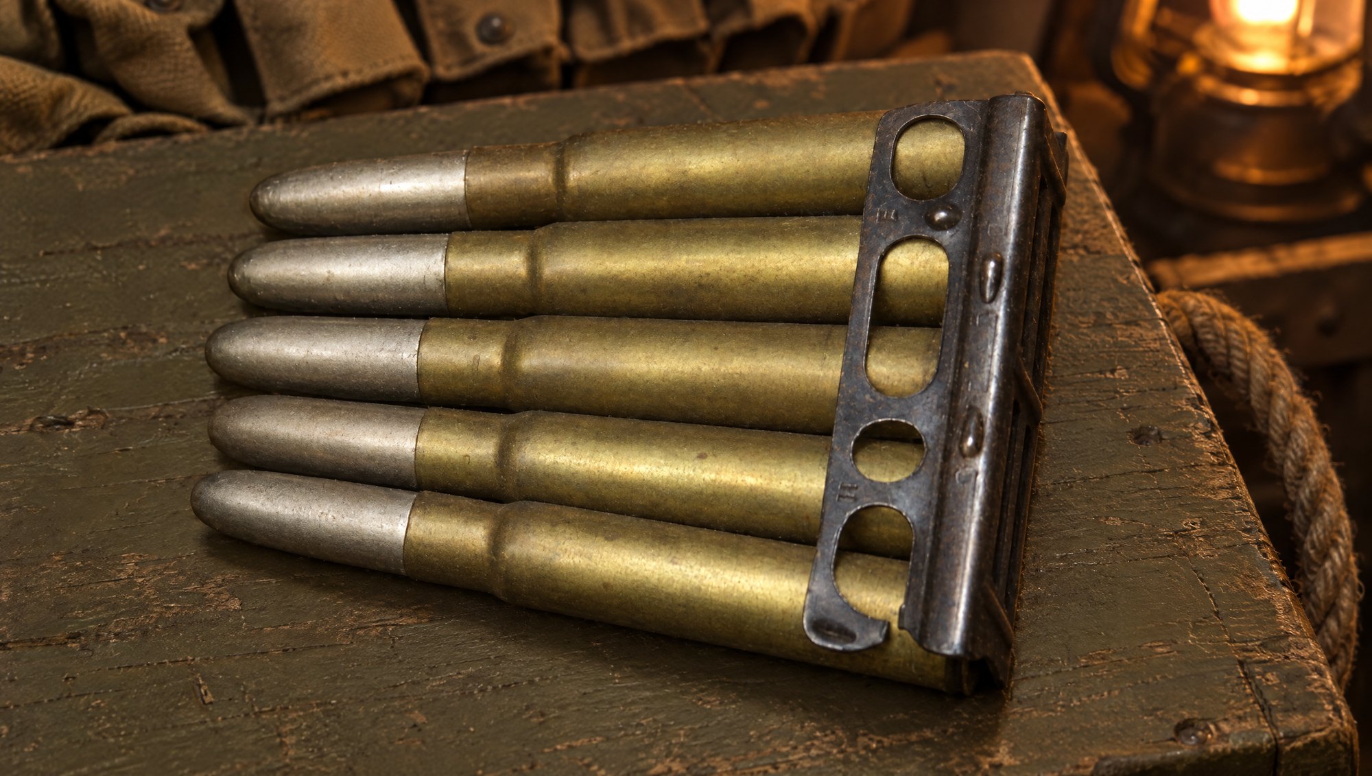 Five rounds of 303 British ammo in a steel charger clip on an old ammunition crate