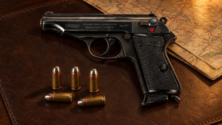 Five 32 ACP cartridges on a leather desk blotter beside a Walther PP pistol marked Cal. 7,65
