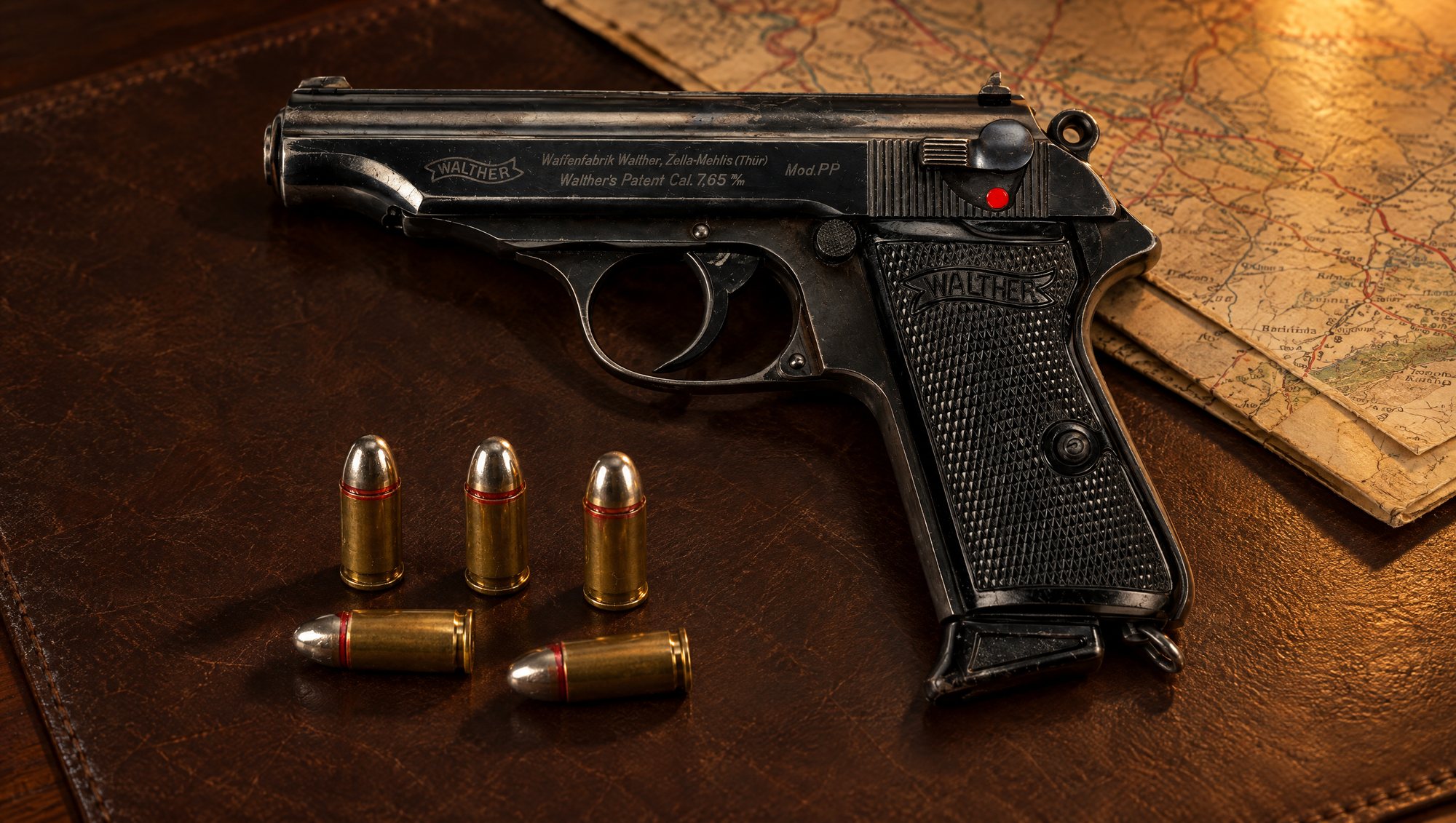 Five 32 ACP cartridges on a leather desk blotter beside a Walther PP pistol marked Cal. 7,65